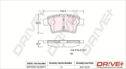 Dr!ve+ DP1010.10.0917 - Тормозные колодки, дисковые, комплект autospares.lv