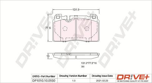 Dr!ve+ DP1010.10.0930 - Тормозные колодки, дисковые, комплект autospares.lv