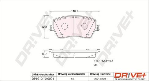 Dr!ve+ DP1010.10.0001 - Тормозные колодки, дисковые, комплект autospares.lv