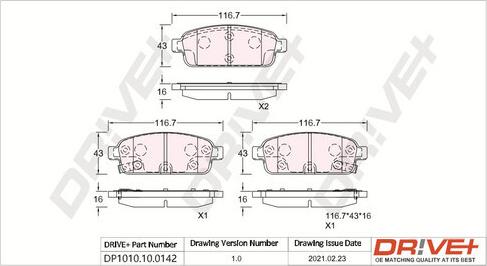 Dr!ve+ DP1010.10.0142 - Тормозные колодки, дисковые, комплект autospares.lv