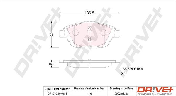 Dr!ve+ DP1010.10.0188 - Тормозные колодки, дисковые, комплект autospares.lv