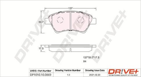 Dr!ve+ DP1010.10.0869 - Тормозные колодки, дисковые, комплект autospares.lv