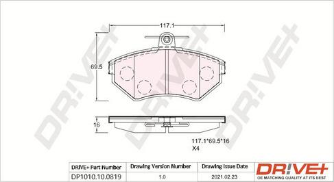 Dr!ve+ DP1010.10.0819 - Тормозные колодки, дисковые, комплект autospares.lv