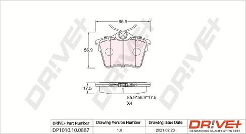 Dr!ve+ DP1010.10.0887 - Тормозные колодки, дисковые, комплект autospares.lv