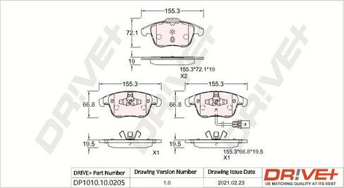 Dr!ve+ DP1010.10.0205 - Тормозные колодки, дисковые, комплект autospares.lv