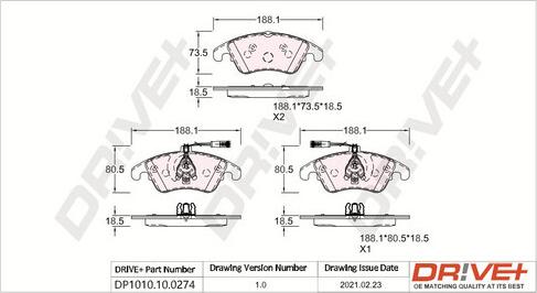 Dr!ve+ DP1010.10.0274 - Тормозные колодки, дисковые, комплект autospares.lv