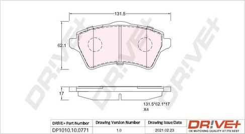 Dr!ve+ DP1010.10.0771 - Тормозные колодки, дисковые, комплект autospares.lv