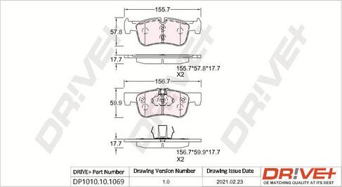 Dr!ve+ DP1010.10.1069 - Тормозные колодки, дисковые, комплект autospares.lv