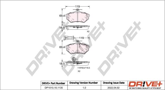 Dr!ve+ DP1010.10.1135 - Тормозные колодки, дисковые, комплект autospares.lv