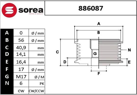 EAI 886087 - Шкив генератора, муфта autospares.lv