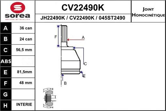 EAI CV22490K - Шарнирный комплект, ШРУС, приводной вал autospares.lv