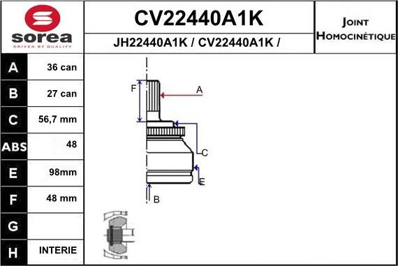 EAI CV22440A1K - Шарнирный комплект, ШРУС, приводной вал autospares.lv