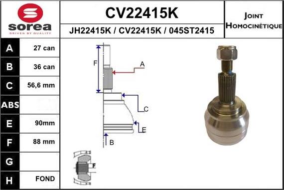 EAI CV22415K - Шарнирный комплект, ШРУС, приводной вал autospares.lv