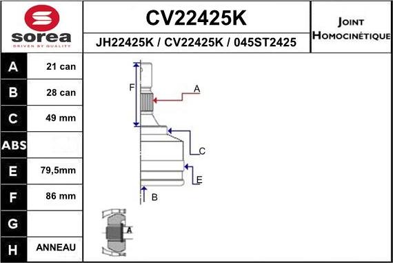 EAI CV22425K - Шарнирный комплект, ШРУС, приводной вал autospares.lv