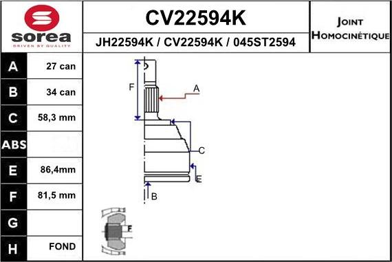 EAI CV22594K - Шарнирный комплект, ШРУС, приводной вал autospares.lv