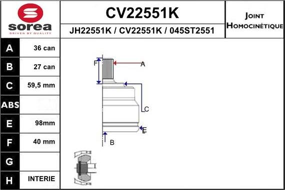 EAI CV22551K - Шарнирный комплект, ШРУС, приводной вал autospares.lv