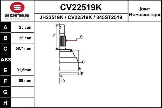 EAI CV22519K - Шарнирный комплект, ШРУС, приводной вал autospares.lv