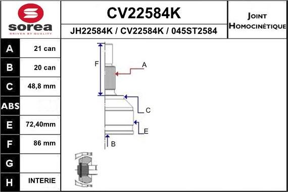 EAI CV22584K - Шарнирный комплект, ШРУС, приводной вал autospares.lv