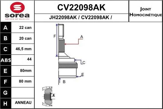 EAI CV22098AK - Шарнирный комплект, ШРУС, приводной вал autospares.lv