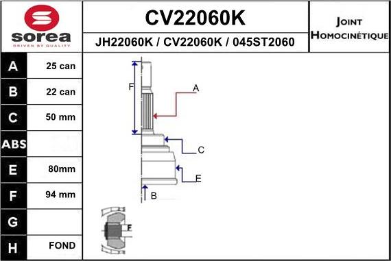 EAI CV22060K - Шарнирный комплект, ШРУС, приводной вал autospares.lv