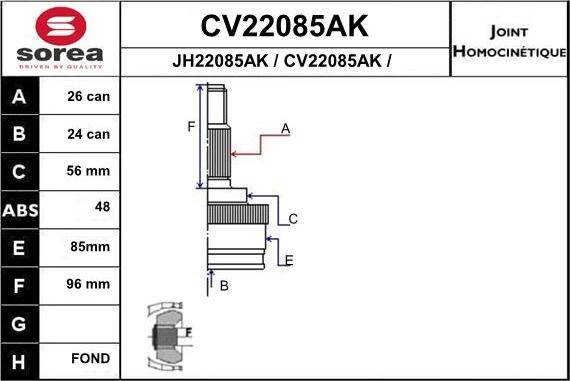 EAI CV22085AK - Шарнирный комплект, ШРУС, приводной вал autospares.lv