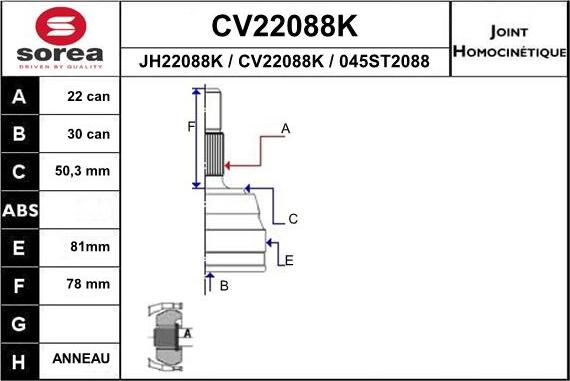 EAI CV22088K - Шарнирный комплект, ШРУС, приводной вал autospares.lv