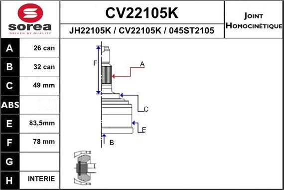 EAI CV22105K - Шарнирный комплект, ШРУС, приводной вал autospares.lv