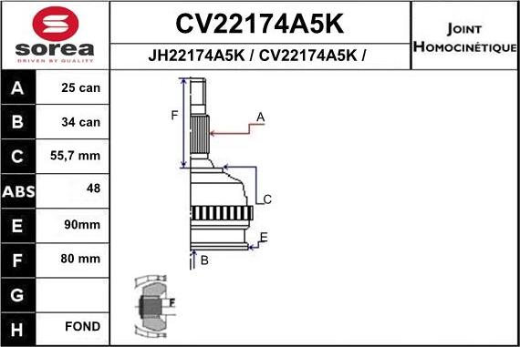 EAI CV22174A5K - Шарнирный комплект, ШРУС, приводной вал autospares.lv