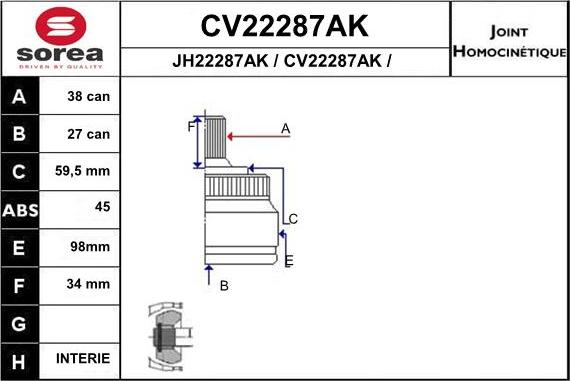 EAI CV22287AK - Шарнирный комплект, ШРУС, приводной вал autospares.lv