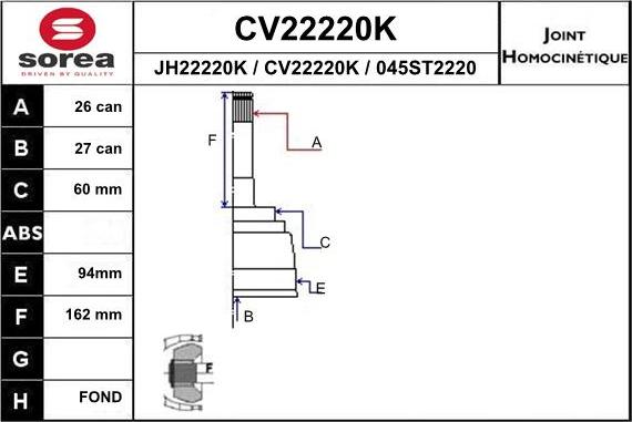 EAI CV22220K - Шарнирный комплект, ШРУС, приводной вал autospares.lv