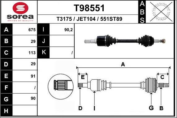 EAI T98551 - Приводной вал autospares.lv