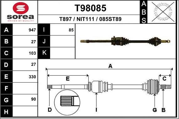 EAI T98085 - Приводной вал autospares.lv