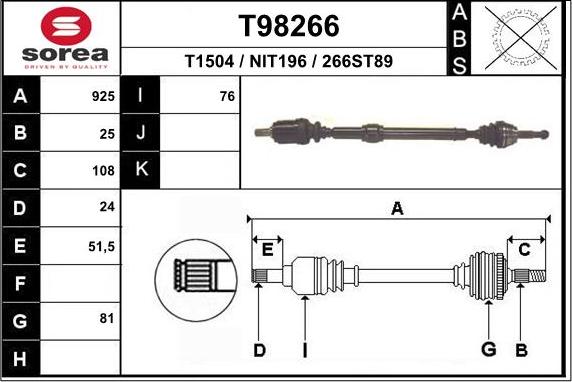 EAI T98266 - Приводной вал autospares.lv