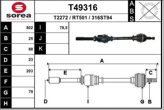 EAI T49316 - Приводной вал autospares.lv