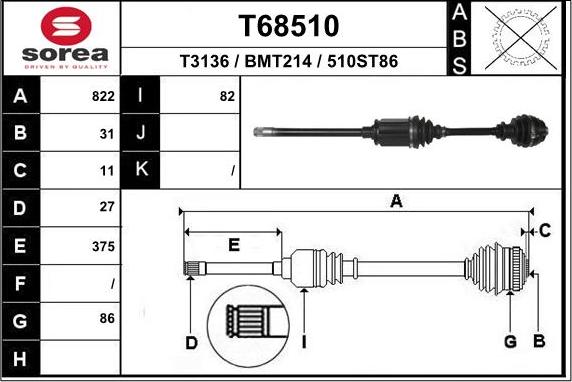 EAI T68510 - Приводной вал autospares.lv