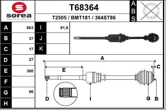 EAI T68364 - Приводной вал autospares.lv