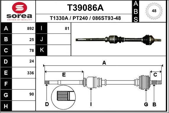 EAI T39086A - Приводной вал autospares.lv