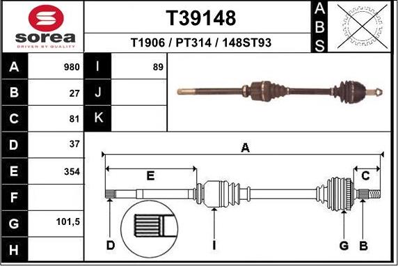 EAI T39148 - Приводной вал autospares.lv