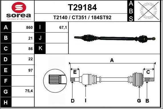 EAI T29184 - Приводной вал autospares.lv