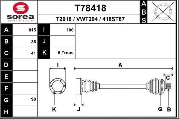 EAI T78418 - Приводной вал autospares.lv