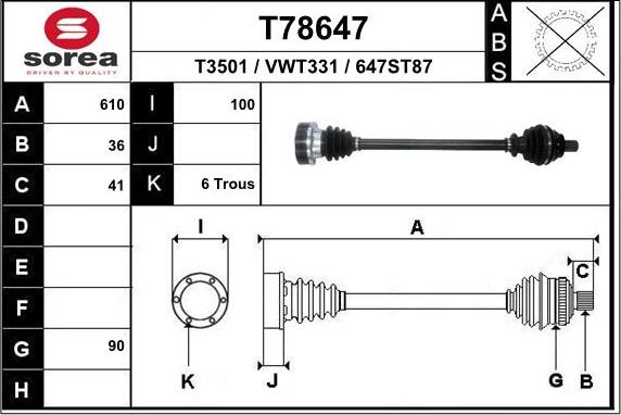 EAI T78647 - Приводной вал autospares.lv