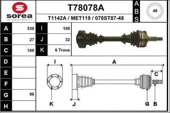 EAI T78078A - Приводной вал autospares.lv