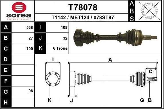 EAI T78078 - Приводной вал autospares.lv