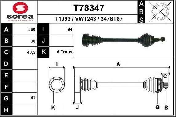 EAI T78347 - Приводной вал autospares.lv