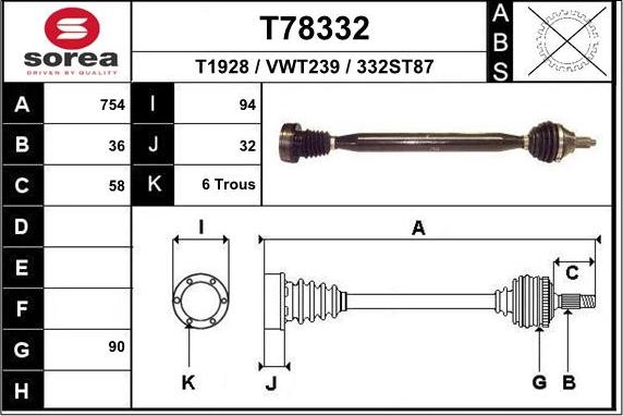 EAI T78332 - Приводной вал autospares.lv