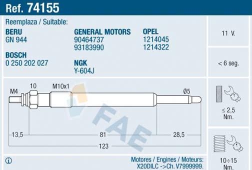FAE 74155 - Свеча накаливания autospares.lv