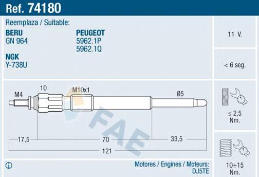 FAE 74180 - Свеча накаливания autospares.lv