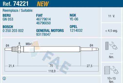 FAE 74221 - Свеча накаливания autospares.lv