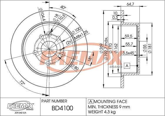 FREMAX BD-4100 - Тормозной диск autospares.lv