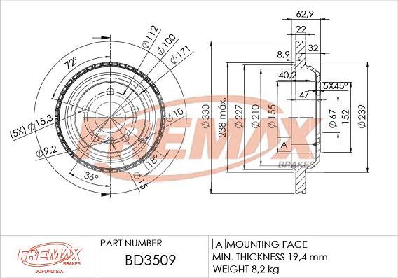 FREMAX BD-3509 - Тормозной диск autospares.lv